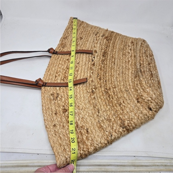MANGO Large Natural Jute Basket Bag Canvas Drawstring Liner Leather Straps - Picture 12 of 16